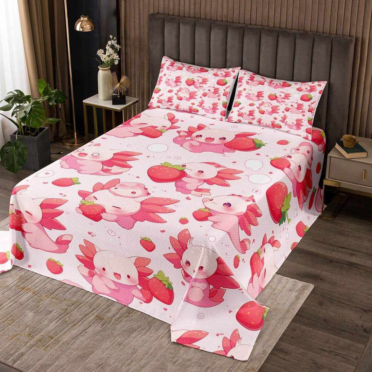 jejeloiu Watercolor Lovely Axolotl Bedspread Cartoon Ocean Wildlife Bedspread for Kids Girls Cute Flower Blossom Coverlet Set Salamander Quilted Bedroom Collection 2Pcs Twin Size