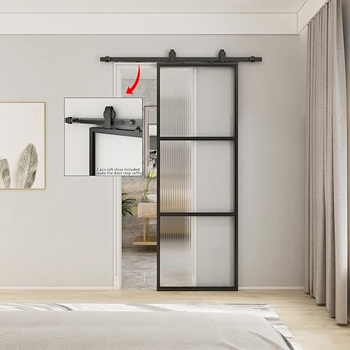 Miniatura 5 de JUBEST Puerta de granero de vidrio de 30 x 84 pulgadas, marco de acero al carbono preperforado, panel de puerta corrediza de granero con kit de