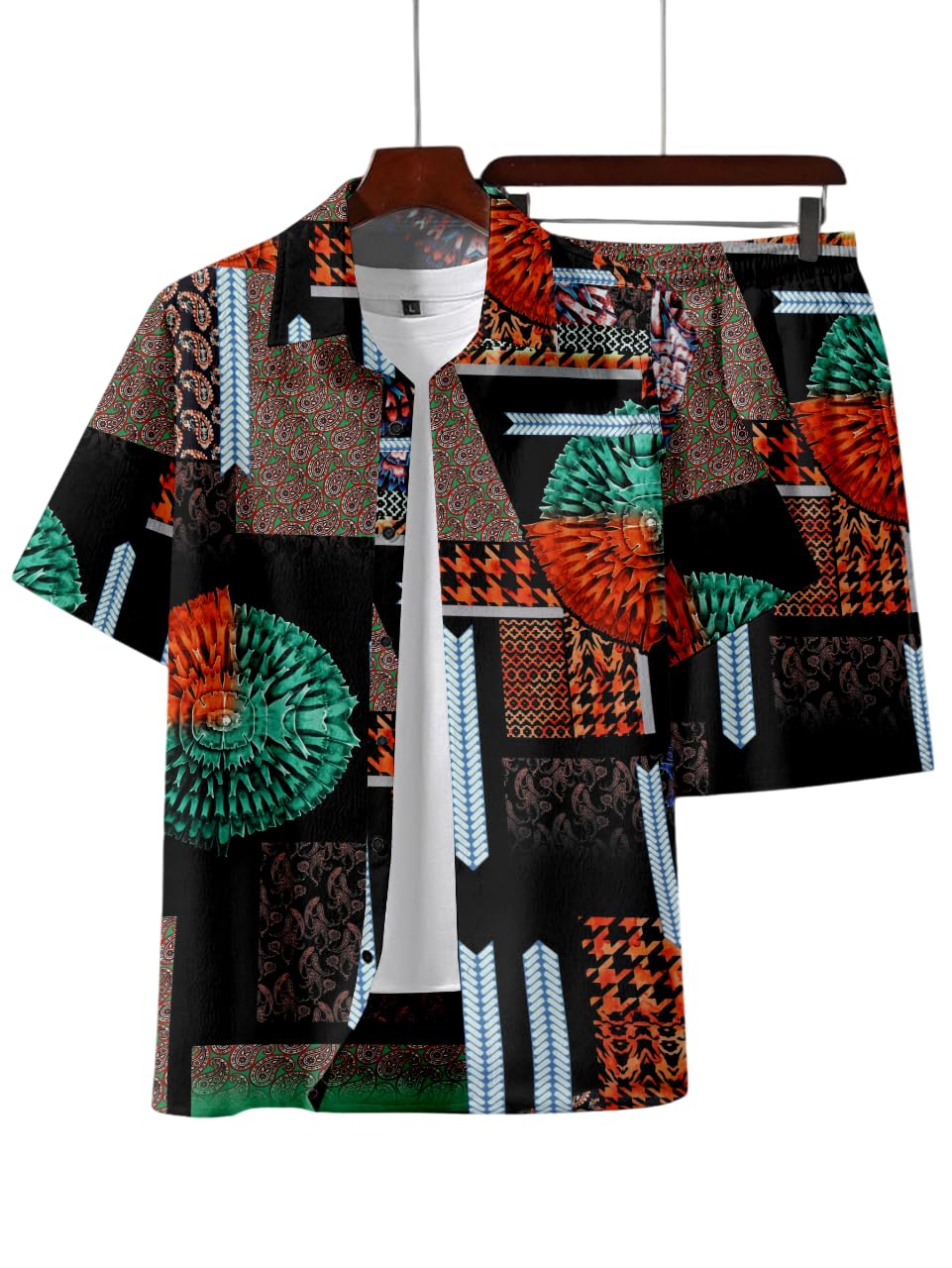Men's Co-ord Set with Colorful Print, Short Sleeve Shirt and Shorts, White Base with Multicolor Graphics-image-18