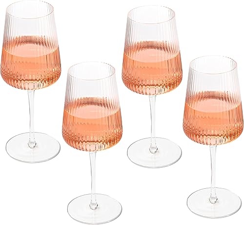 Miniatura 1 de Crutello Juego de 4 copas de vino modernas de 17 onzas, cristalería acanalada única con textura ondulada vintage, vino tinto art déco o copa de vino