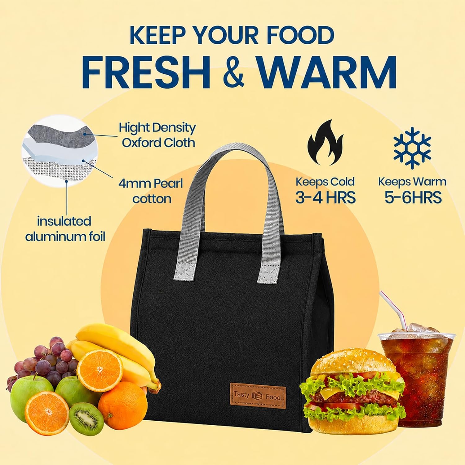 Lukymart Lunch Bag for Men/Women, Waterproof Reusable Portable Lunch Tote, with Silverware Set, Lunch Tote Bags for Work Travel Outdoor, Black