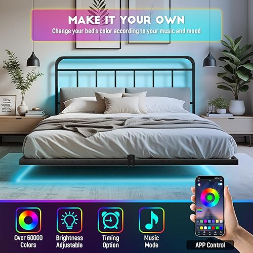 Miniatura 7 de Marco de cama de plataforma flotante tamaño queen con luces LED y estación de carga - Incluye destornillador eléctrico para el montaje, sujetadores