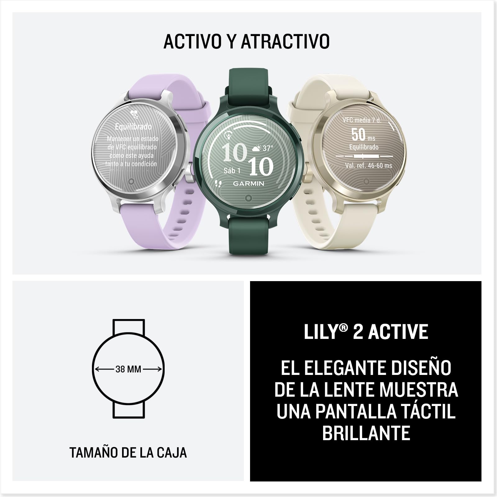 Garmin Lily 2 Active, Reloj Inteligente con GPS, Diseño Elegante, Datos de Salud y Forma Física, Pantalla Táctil, Notificaciones Inteligentes, Autonomía hasta 9 días, Verde | Pantalla táctil de lente estampada oculta, batería de hasta 9 días, Garmin Pay,