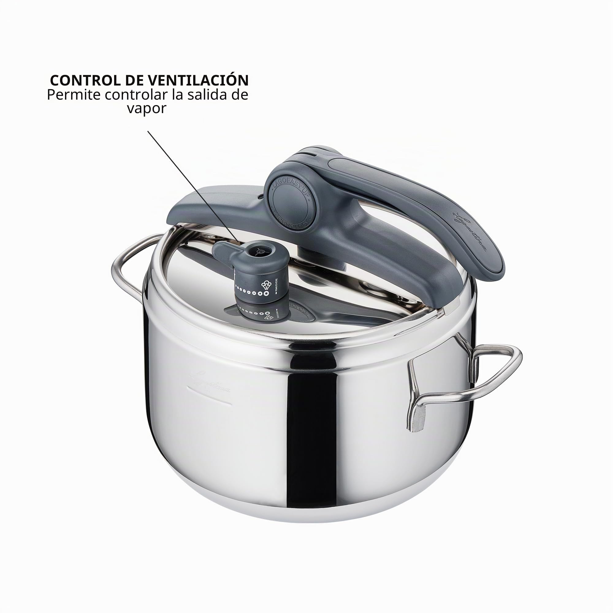 Lagostina Irradial Control Lagoeasy'UP Olla a Presión 5 L en Acero Inoxidable 18/10 Ø 22 cm, Olla Inducción y Gas, Apertura Fácil de la Tapa, Base de Triple Capa Irradial Plus