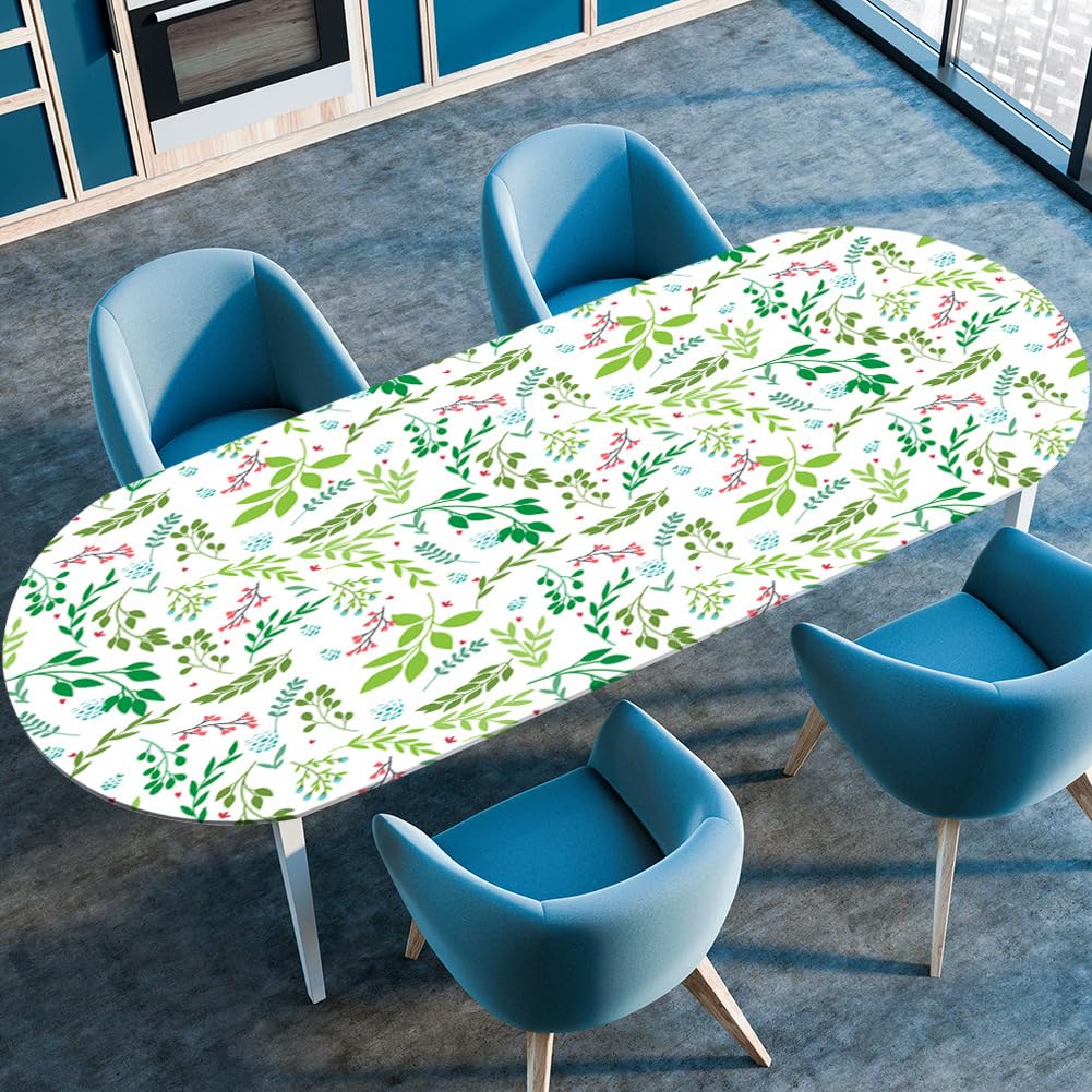 Surwin Oval Table Cover Tablecloth Protector with Elastic Edged Fitted, Non-Slip Oval Tablecloths Wipeable Resistant for Garden Dining Outdoor Party Picnic -Plant Printed (Summer,132x229cm)
