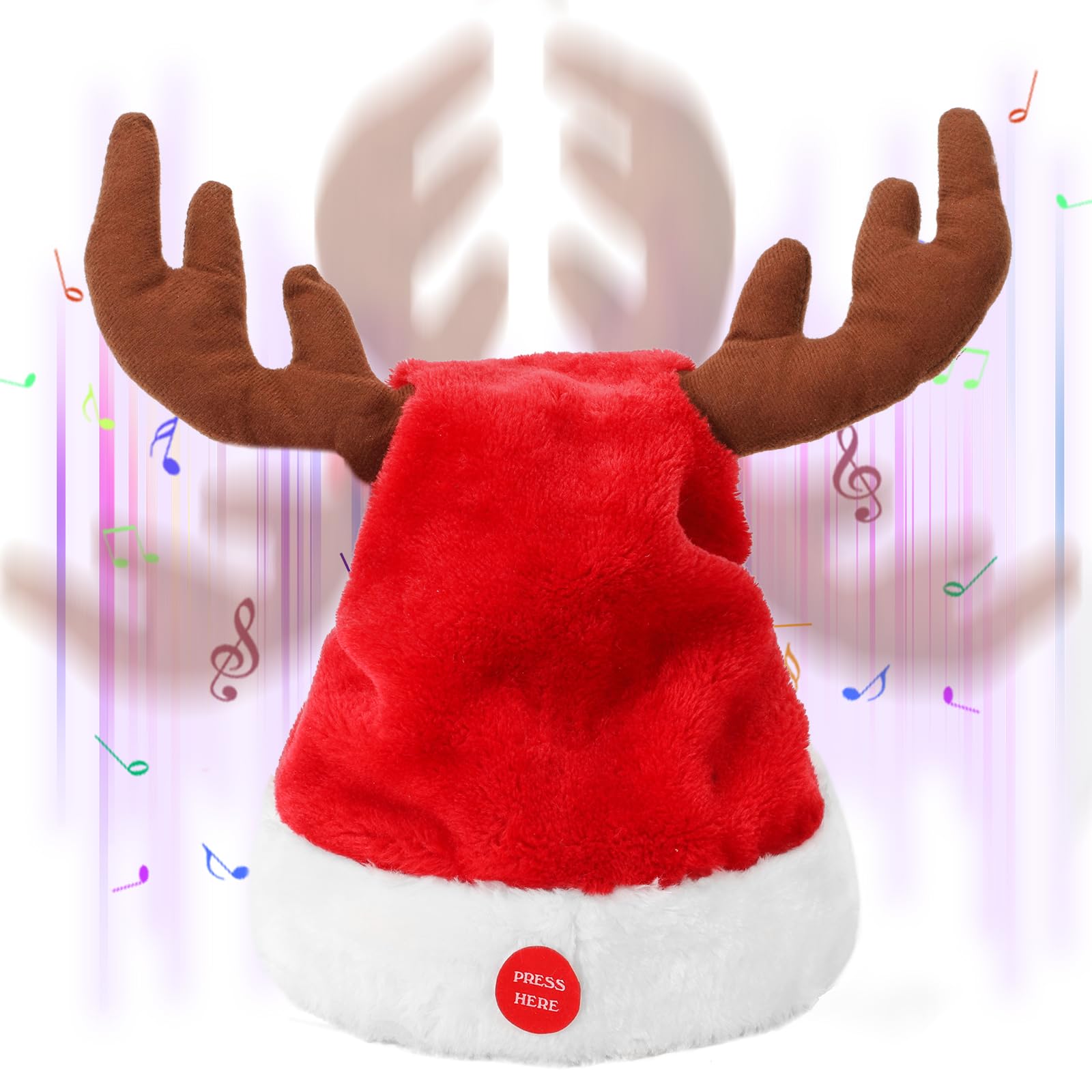 SdeNow Interactive Dancing Musical Santa Hats with Swinging Reindeer Antlers, Funny Electric Singing Christmas Hat for Party Decor Adults and Kids