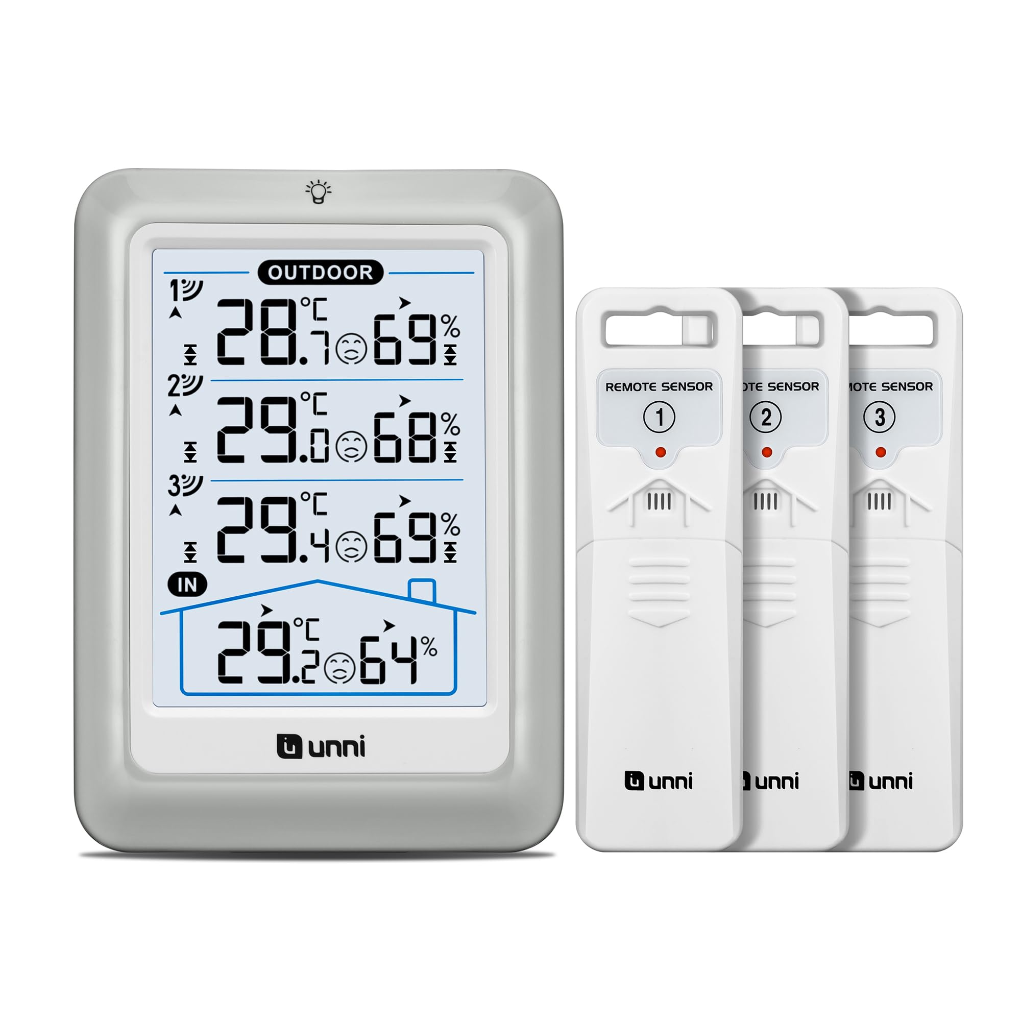 U UNNI Funk Wetterstation mit Außensensor Batterien oder USB betrieben, Funkwetterstation 100M/330FT, °C/°F & Helligkeitsstufen Einstellung