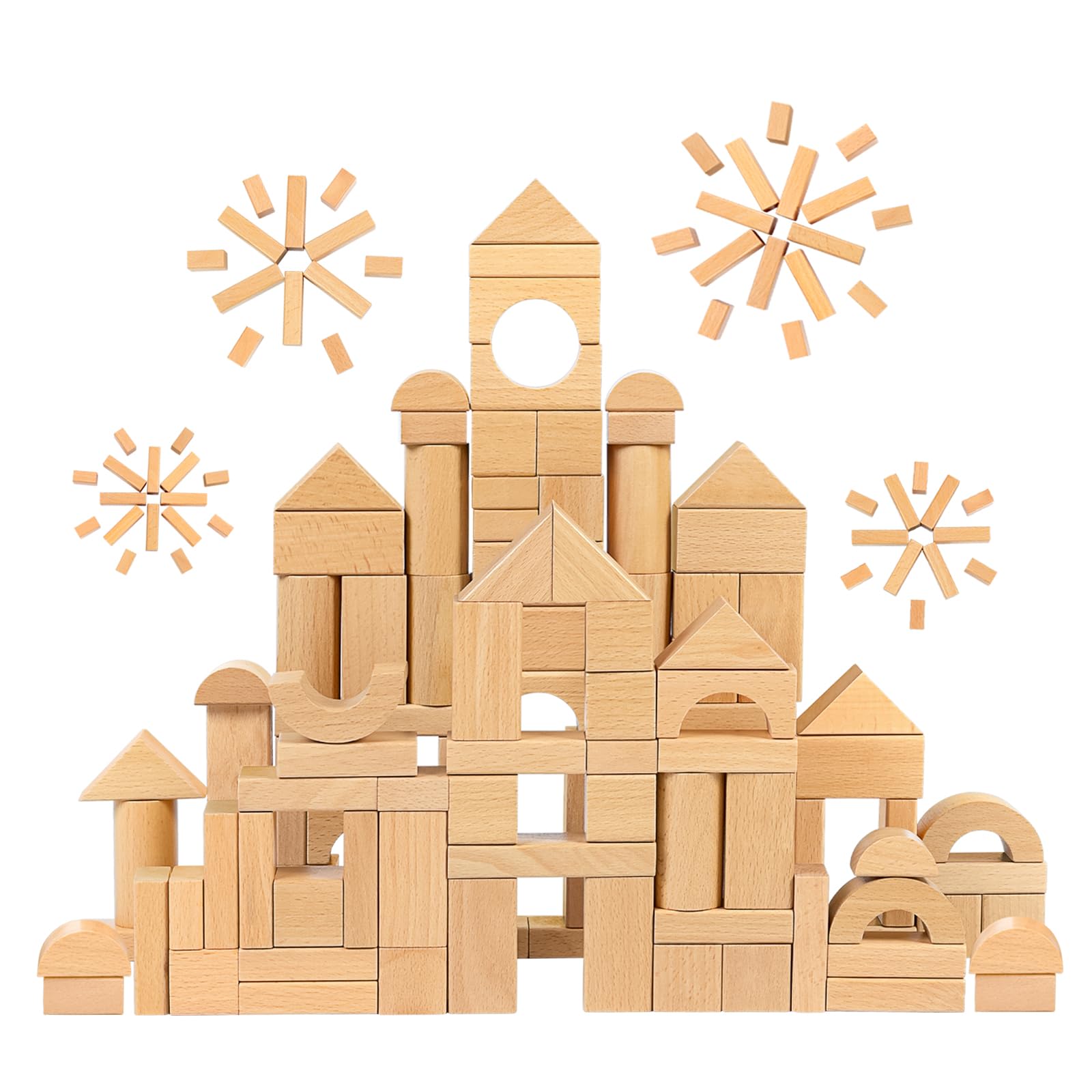 100pcs Natural Beech Wooden Building Blocks for Toddlers 1-3, Wooden Blocks for Baby Shower with Storage Bucket, Montessori Toys for Preschool Girls and Boys