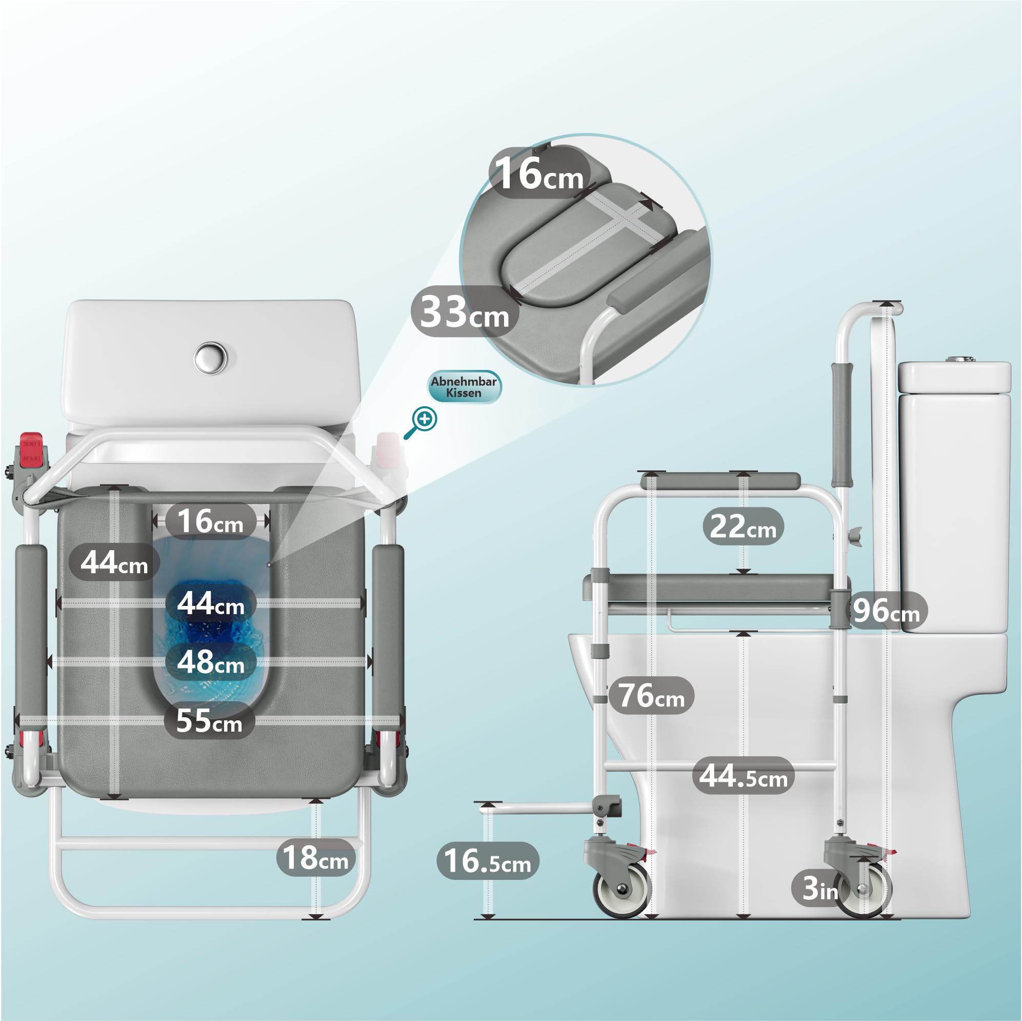 Toilettenrollstuhl & Duschstuhl 3-in-1 – Belastbar bis 120 kg – Mobiler WC-Stuhl mit Eimer & Fußstützen – Ideal für Senioren & Menschen mit Behinderung - Sicherer Nachtstuhl für Bad