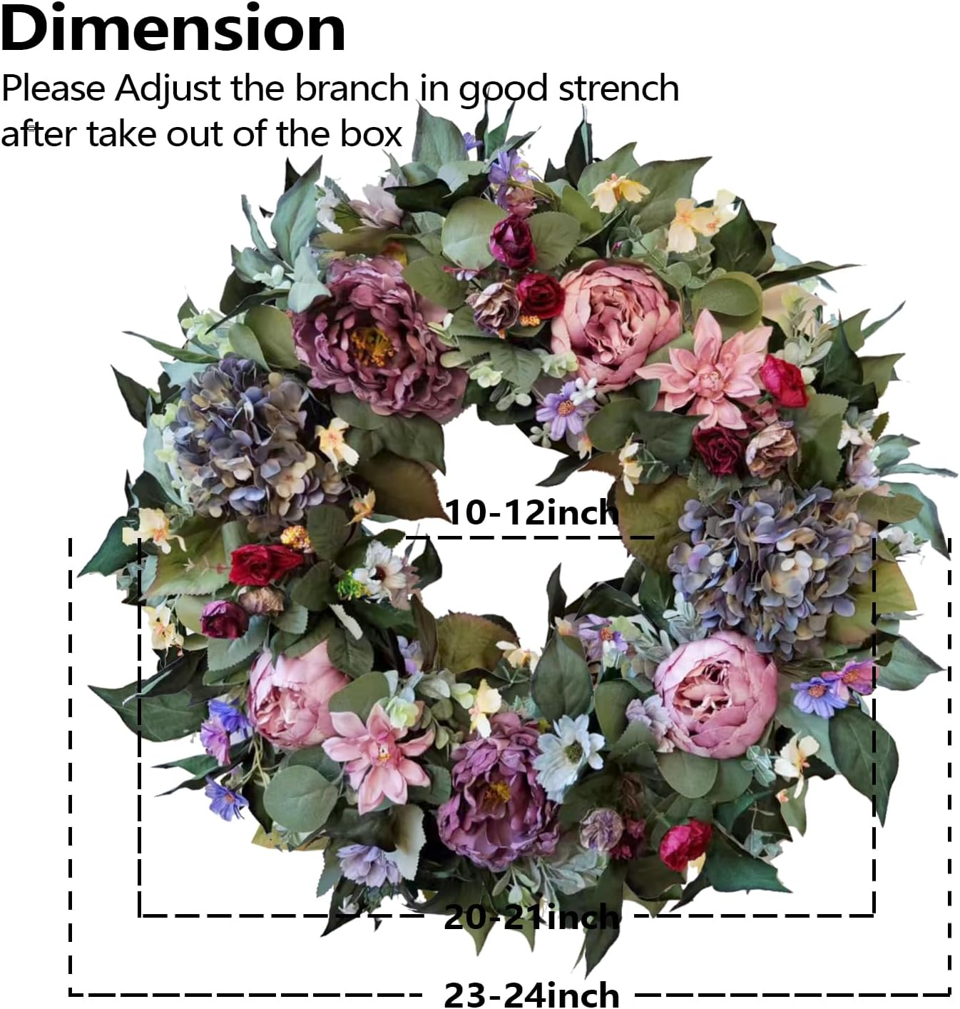 WANNA-CUL 24 Inch Spring Wreaths for Front Door Decor, Spring Front Door Wreath with Pink&Purple Peony Floral and Vintage Blue Hydrangea Flower for Wedding or Indoor&Outdoor Wreath Decoration
