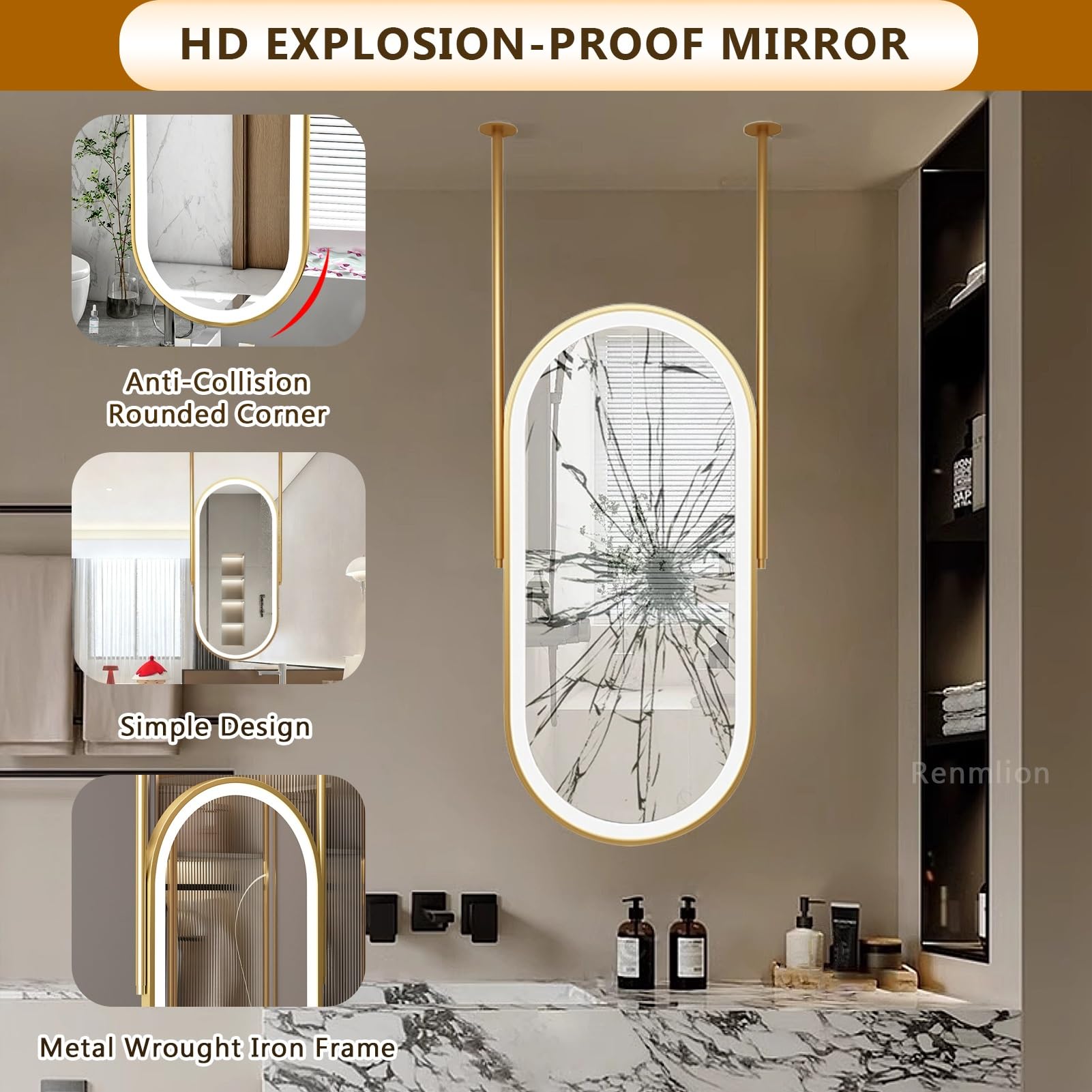 d Ovale Specchio da bagno Vani Specchio da parete con luci dimmerabili in 3 colori in metallo e specchio da trucco galleggiante (50 cm x 70 cm) perfetto per decorazioni moderne