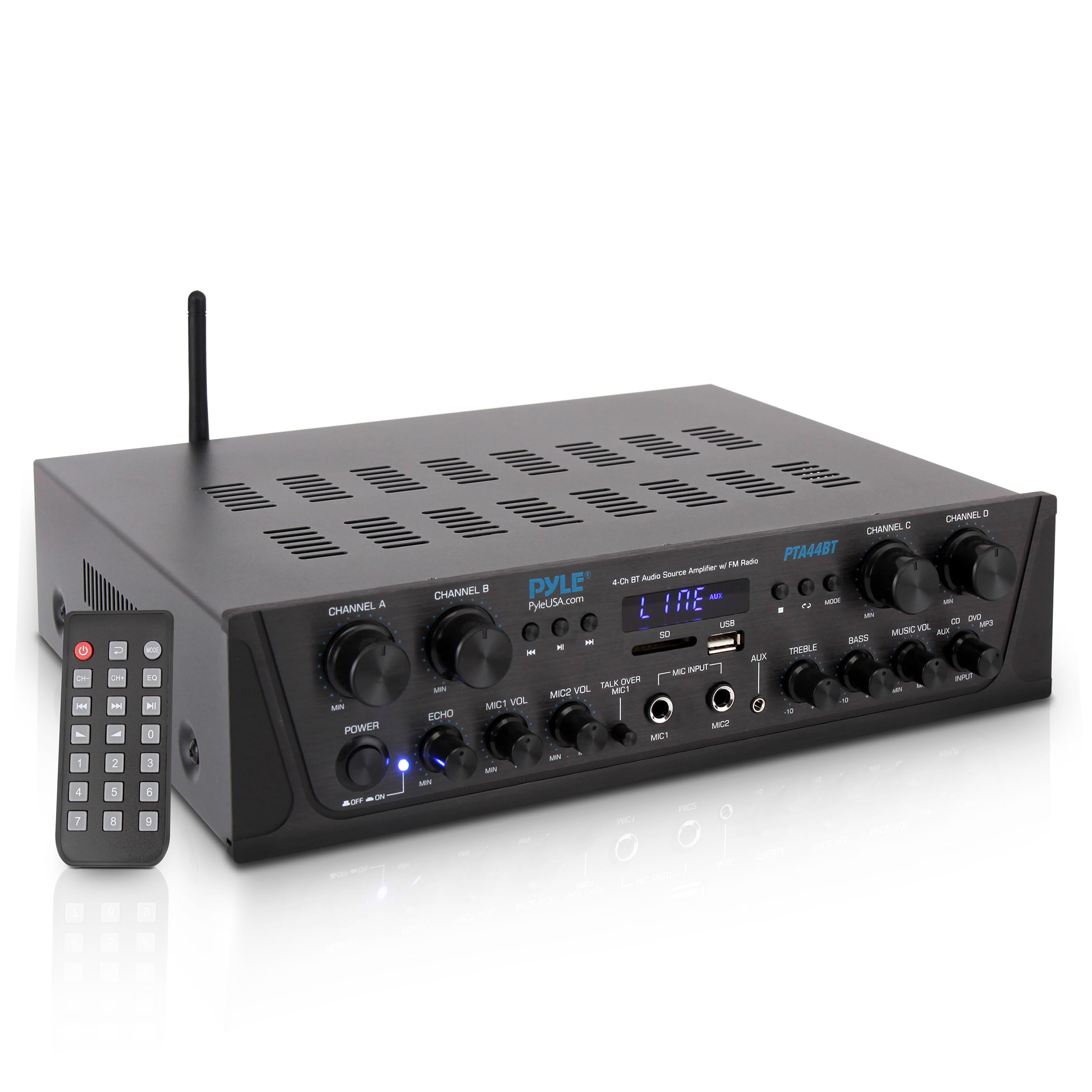 Pyle Karaoke Wireless Bluetooth Amplifier - 500W 4 Channel Stereo Audio Home Theater Speaker Sound Power Receiver w/AUX IN, FM, RCA Subwoofer Speakers OUT, USB, Microphone IN w/Echo