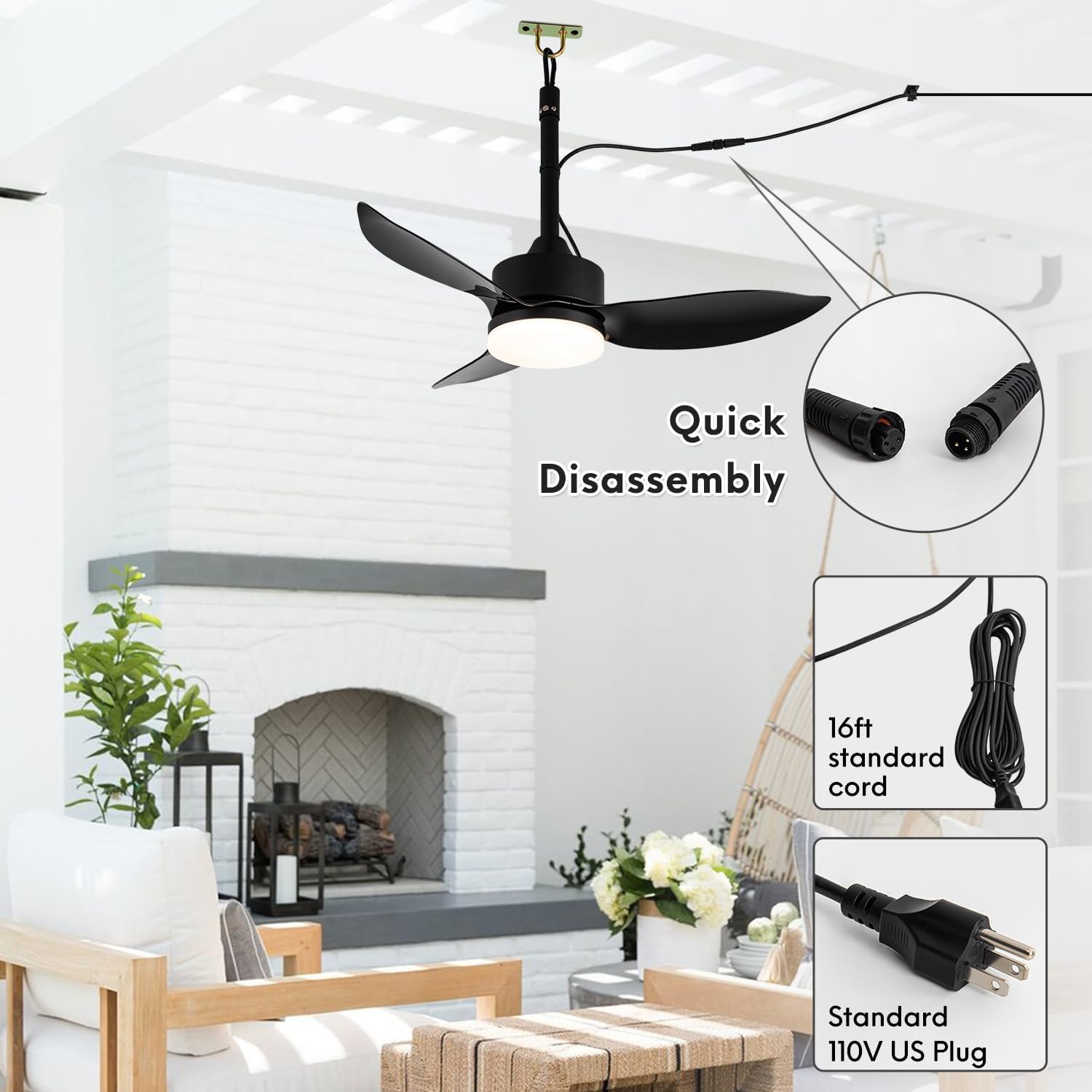 46" Gazebo Fans Outdoor Hanging for Pergola Patios, IP65 Waterproof Wet Rated Plug in Ceiling Fan, Black Blades