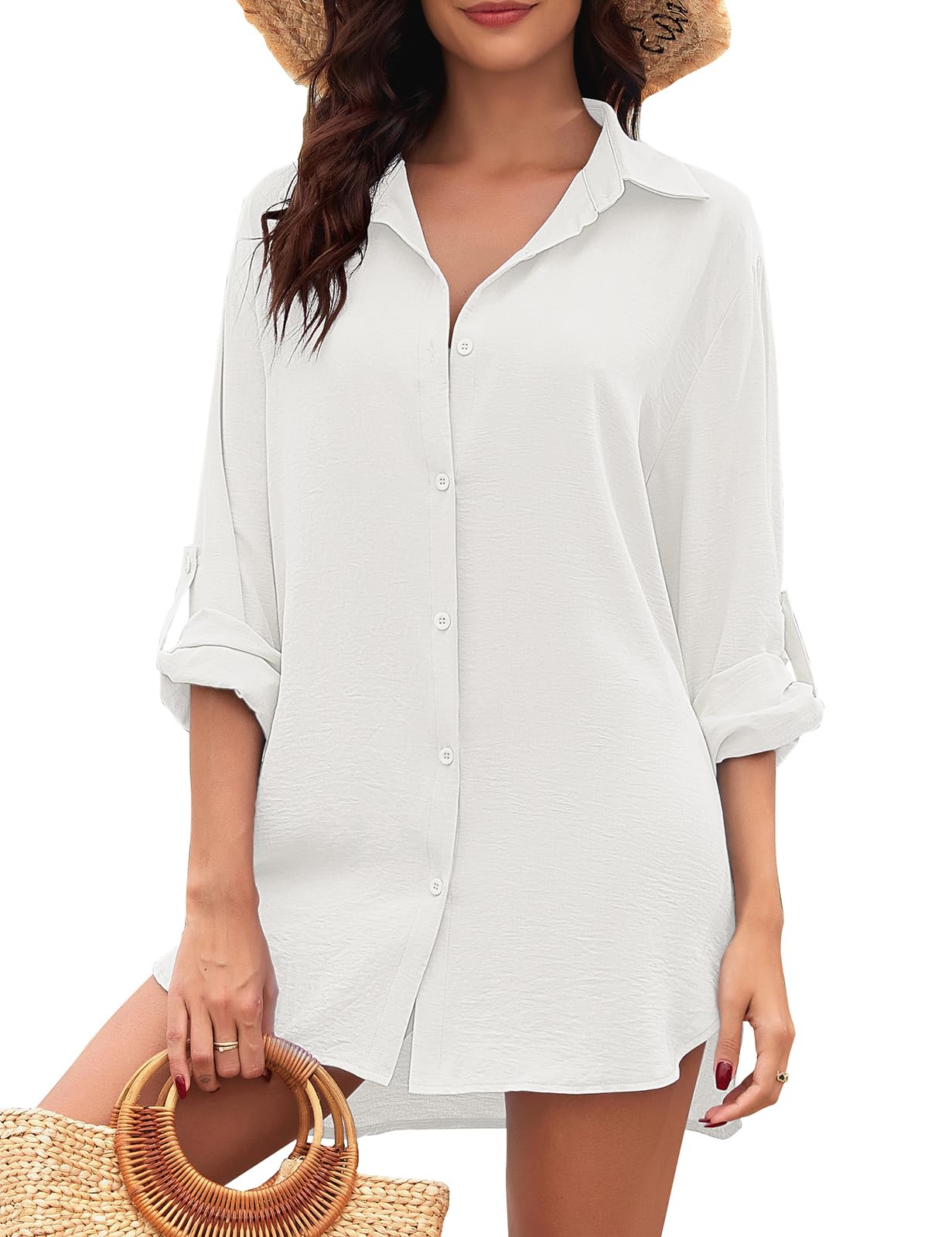 UMIPUBO Vestido Playa Mujer Camisa Suelto de Bikini Cover Up Camisas de Manga Larga Blusa con Botón para Verano Ropa Playa Verano Camisolas y Pareos
