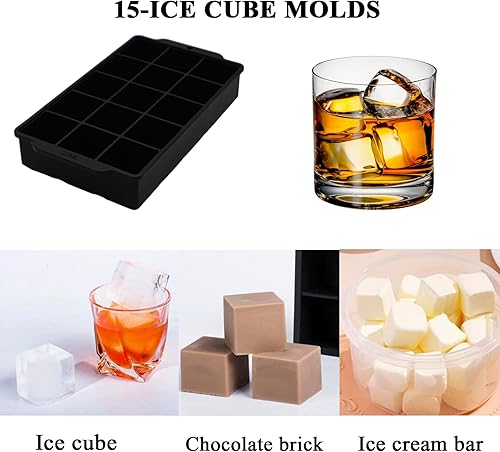 Miniatura 6 de Bandejas para cubitos de hielo, fácil liberación, 15 moldes cuadrados de silicona flexible para cubitos de hielo con tapa extraíble, bandejas de
