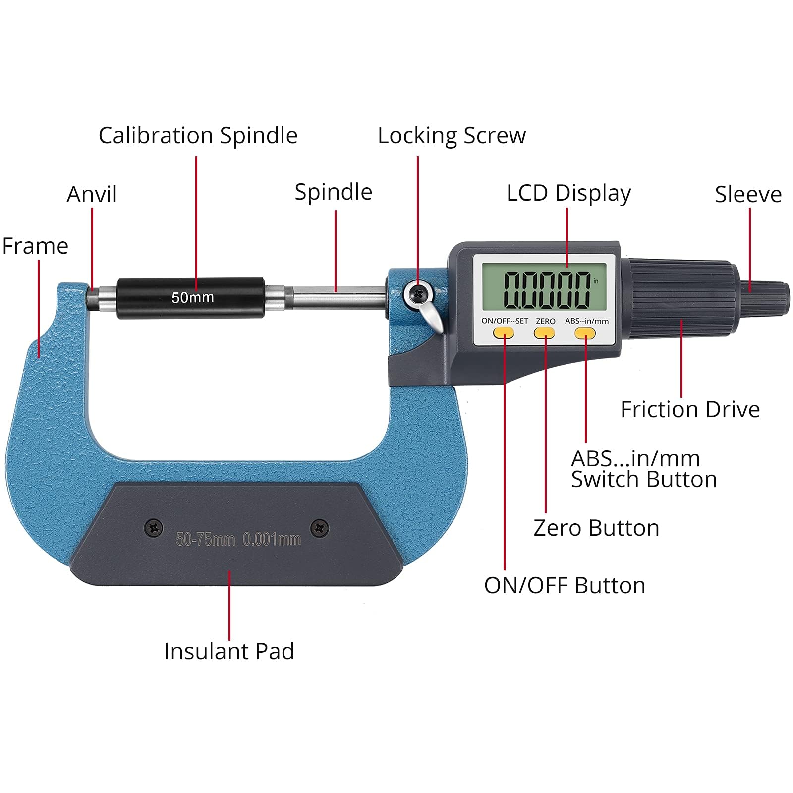 XUNTOP 50-75mm Micromètre d'Extérieur Numérique Multifonctionnel Résolution de 0.0005 pouces/0.001 mm en ABS et Acier Inoxydable avec Écran LCD Micromètre Électronique Pied à Coulisse Extérieur