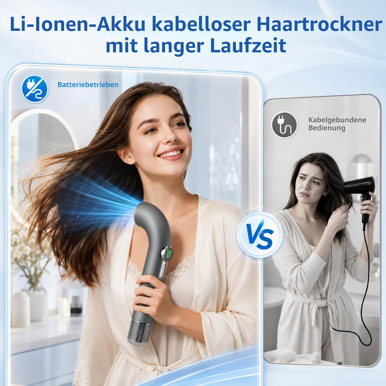 Kabelloser 300W Akku Haartrockner, Kabelloser Fön mit Akku, 4 Geschwindigkeiten & 3 Temperaturen Reisefön, 12600 mAh Reisefön Kabellos mit Bildschirm, Reiseföhn für Reisen, Camping