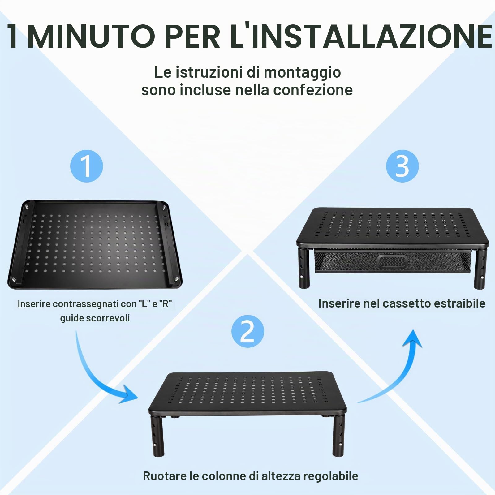 seOSTO Supporto per monitor con cassetto, supporto per monitor, 3 altezze regolabili con organizer, rialzo per monitor in metallo per laptop, computer, PC, stampante