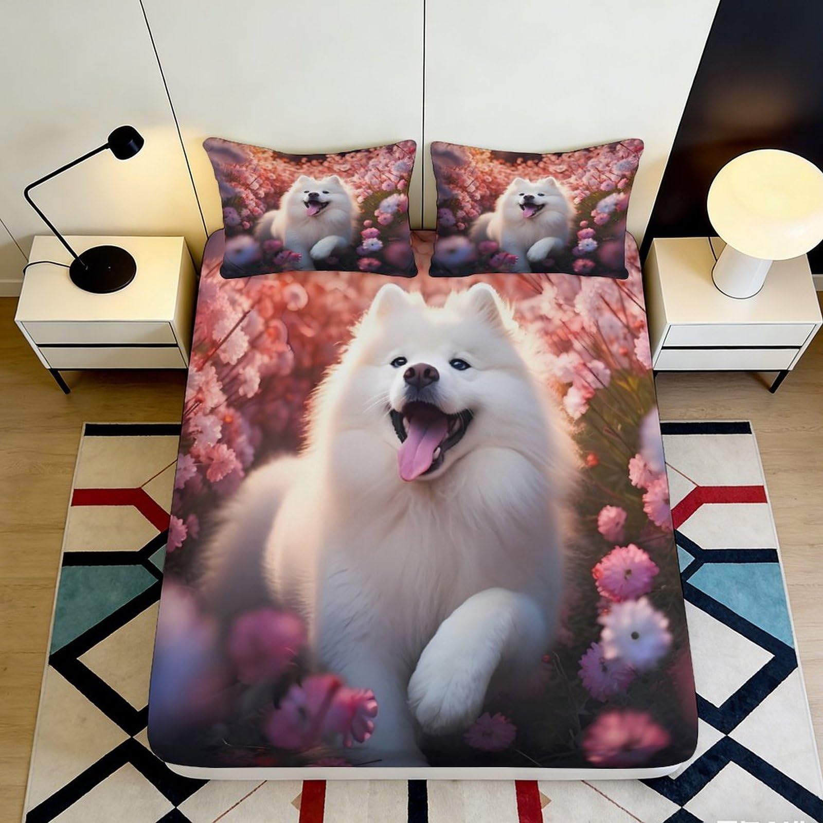 3D Printed White Samoyed Dog Fitted Sheet Microfiber Non Slip Pink Flower Mattress Cover for Bedroom Guest Room 180x200x25cm