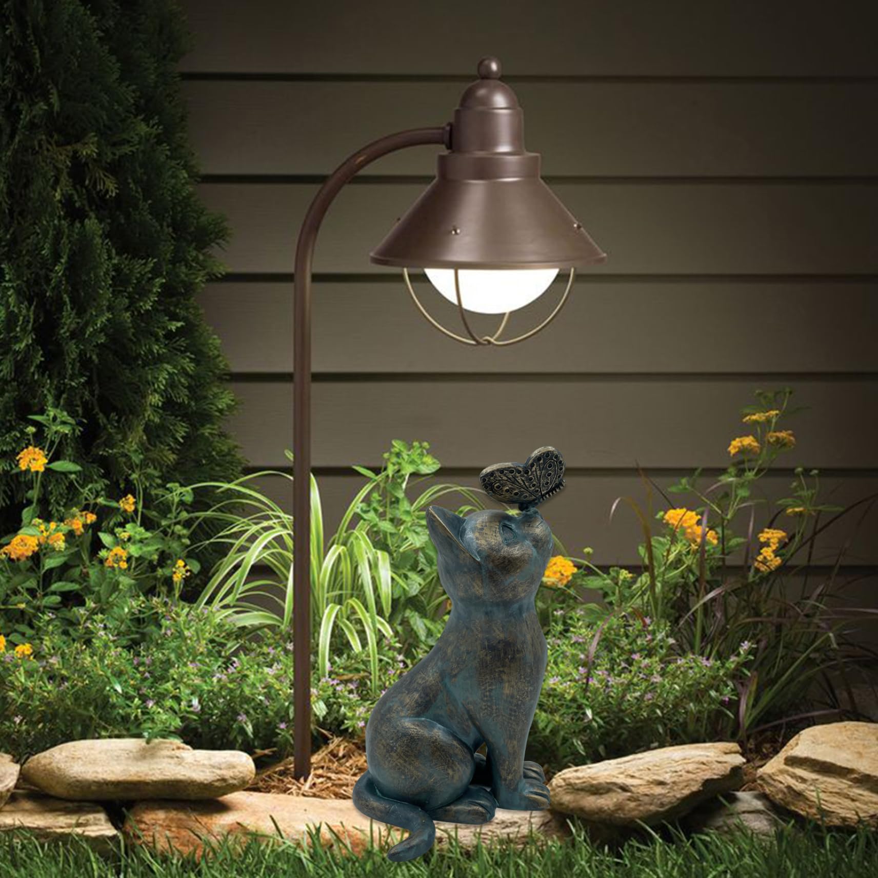 Statue da giardino per gatti, 20 cm/7,9 pollici di figurine per gatti con farfalla, ornamento per la scultura di gatti decorativi del paesaggio da giardino per decorazioni per prato da giardino