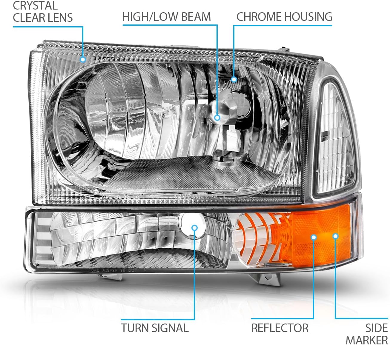 AmeriLite for 1999-2004 Ford Super Duty F250 F350 F450 F550 | Excursion Chrome Factory Style Replacement Headlights w/Corner Bumper Corner Set - Passenger and Driver Side
