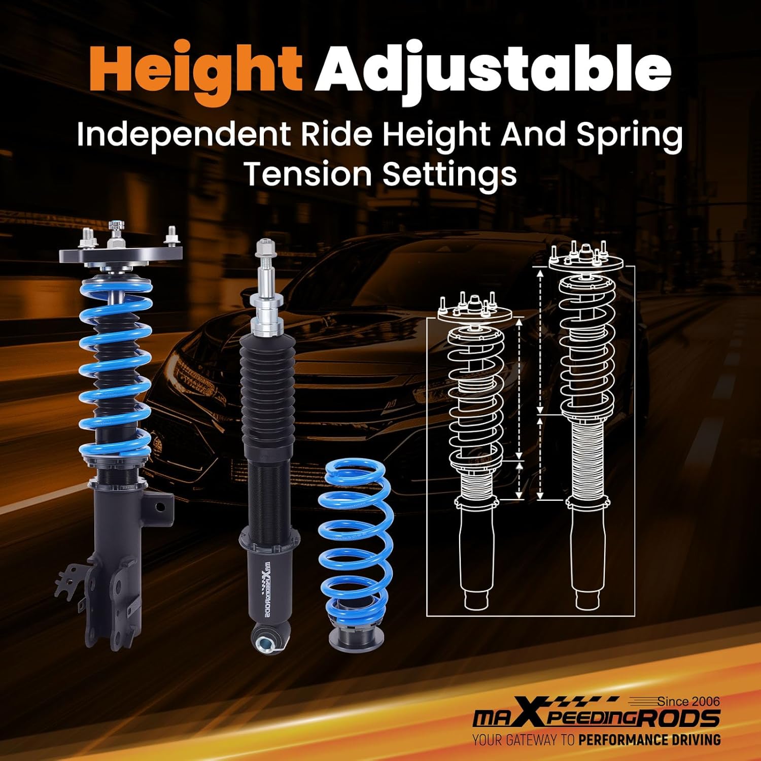 maXpeedingrods Coilover for Toyota Camry Hybrid/L/LE/XLE 2018-2022, 24 Levels Damper Adjustable Coil-overs Suspension Kit Strut, Height Adjustable Shock Absorber Struts, T6 Upgraded Lowering Kits Blue