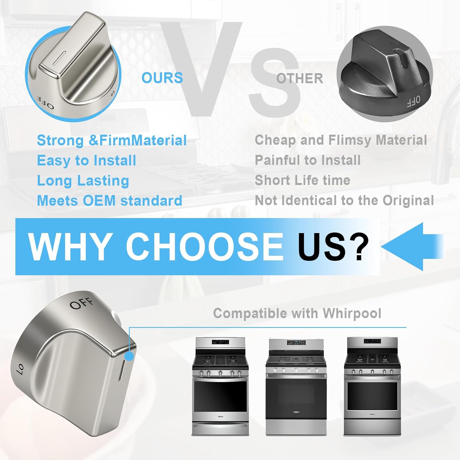 5 Pcs W10850015 Gas Stove Knobs Compatible with Whirlpool Gas Ranges Replace W10850015 W11032553 PD00061875 4845290 AP6333411 PS12578779 EAP12578779