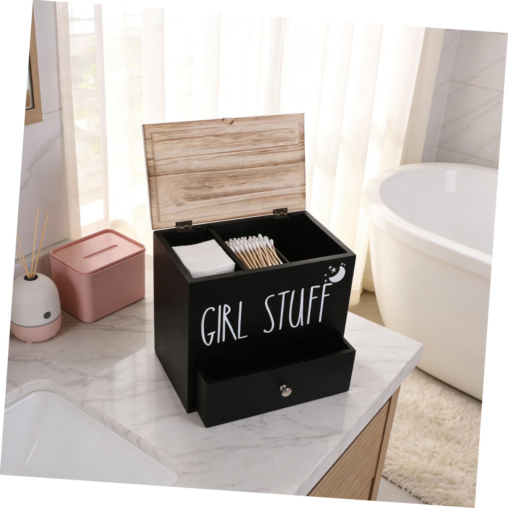 PACKOVE Contenitore per Assorbenti in Legno con Coperchio Scatola Portaoggetti per Prodotti Igienici Organizer per Ciclo Mestruale per Bagno Piccolo Contenitore per Accessori per Bagno