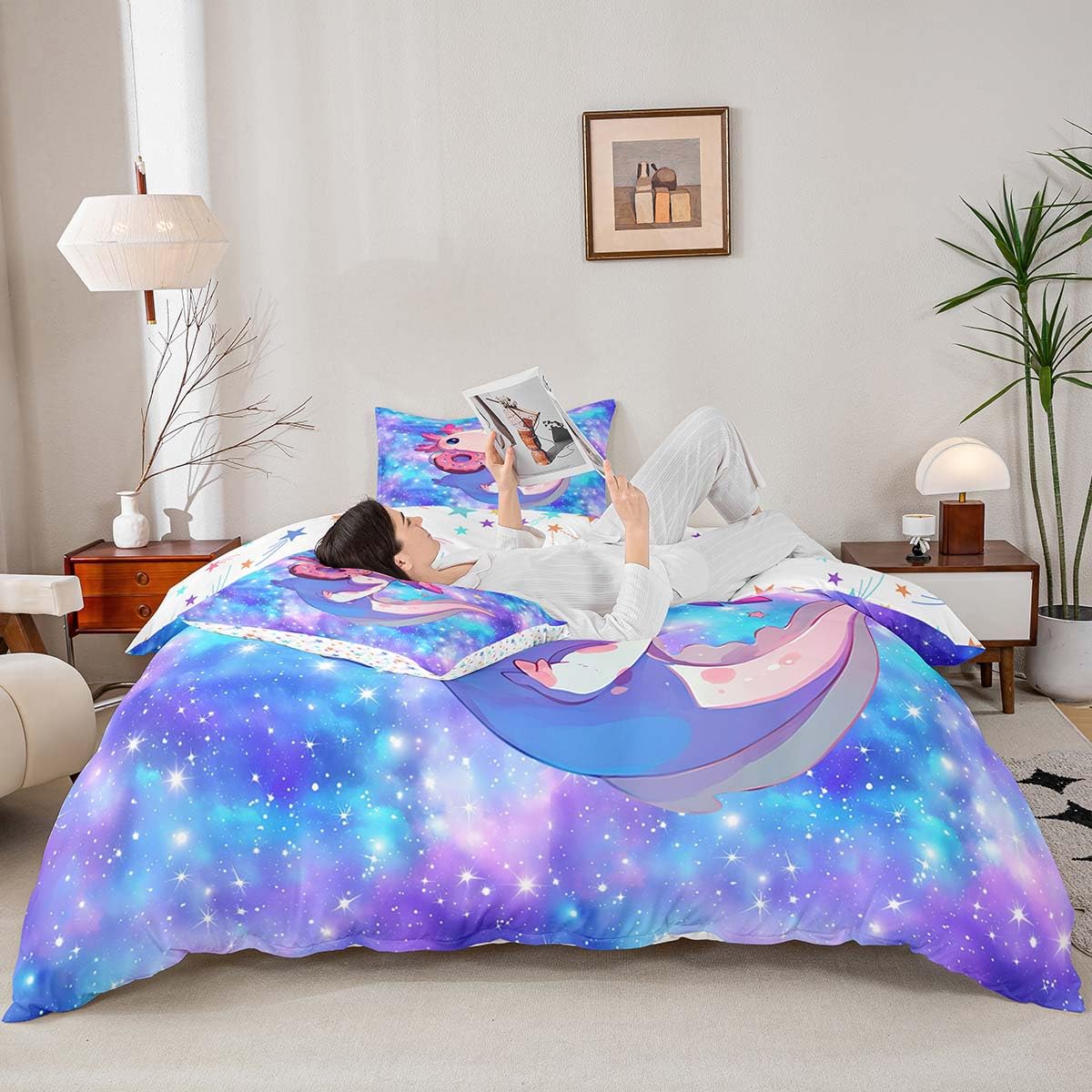 Homemissing Kids Cute Axolotl Bedding Set Cot Size Donuts Cartoon Salamander Comforter Cover Set for Boys Girls Kawaii Ocean Sealife Duvet Cover Bedspread Cover Room Decor Quilt Cover,No Stuffing - Image 3