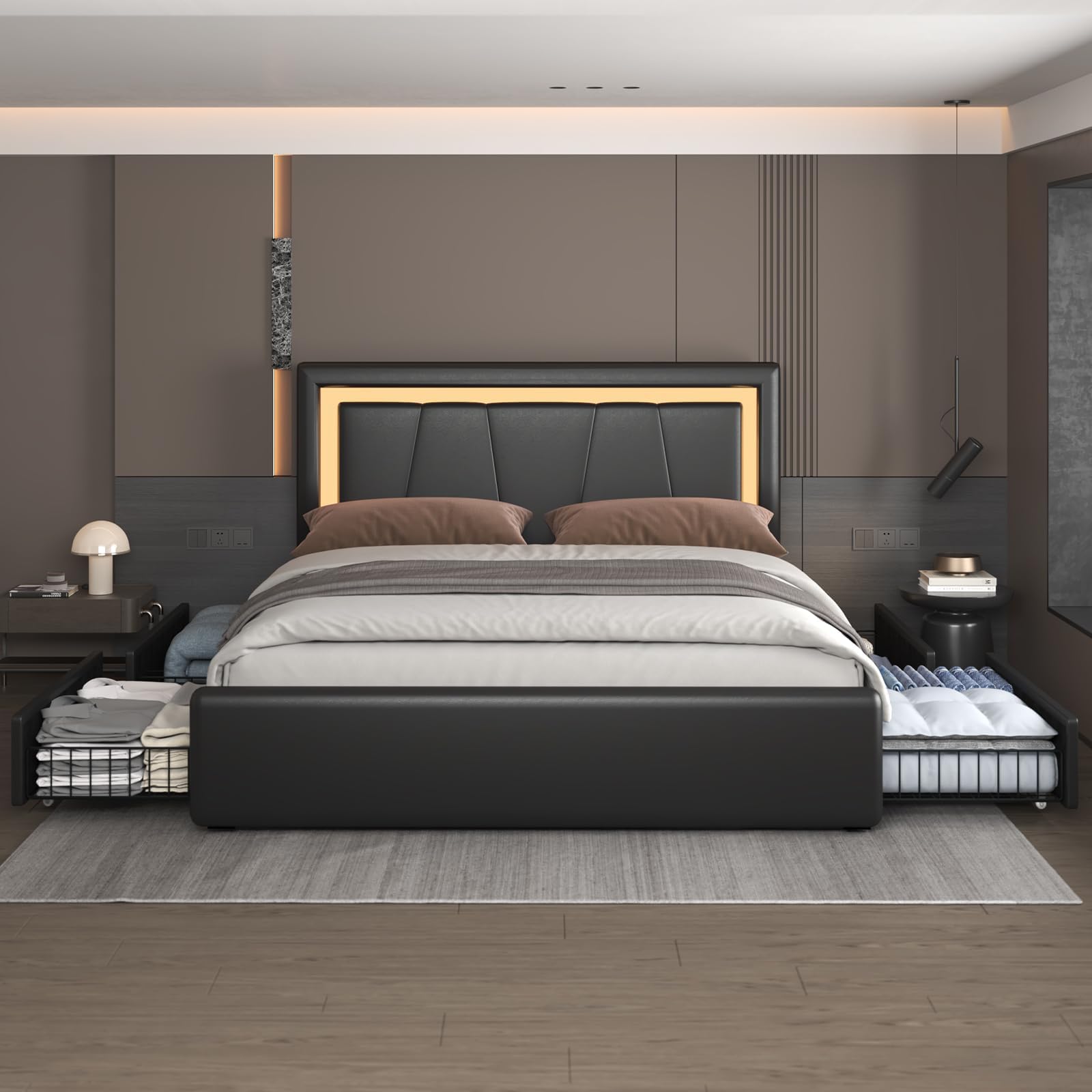 Full Bed Frame with 4 Storage Drawers and Adjustable Headboard Upholstered Platform Bed with LED Lights and USB