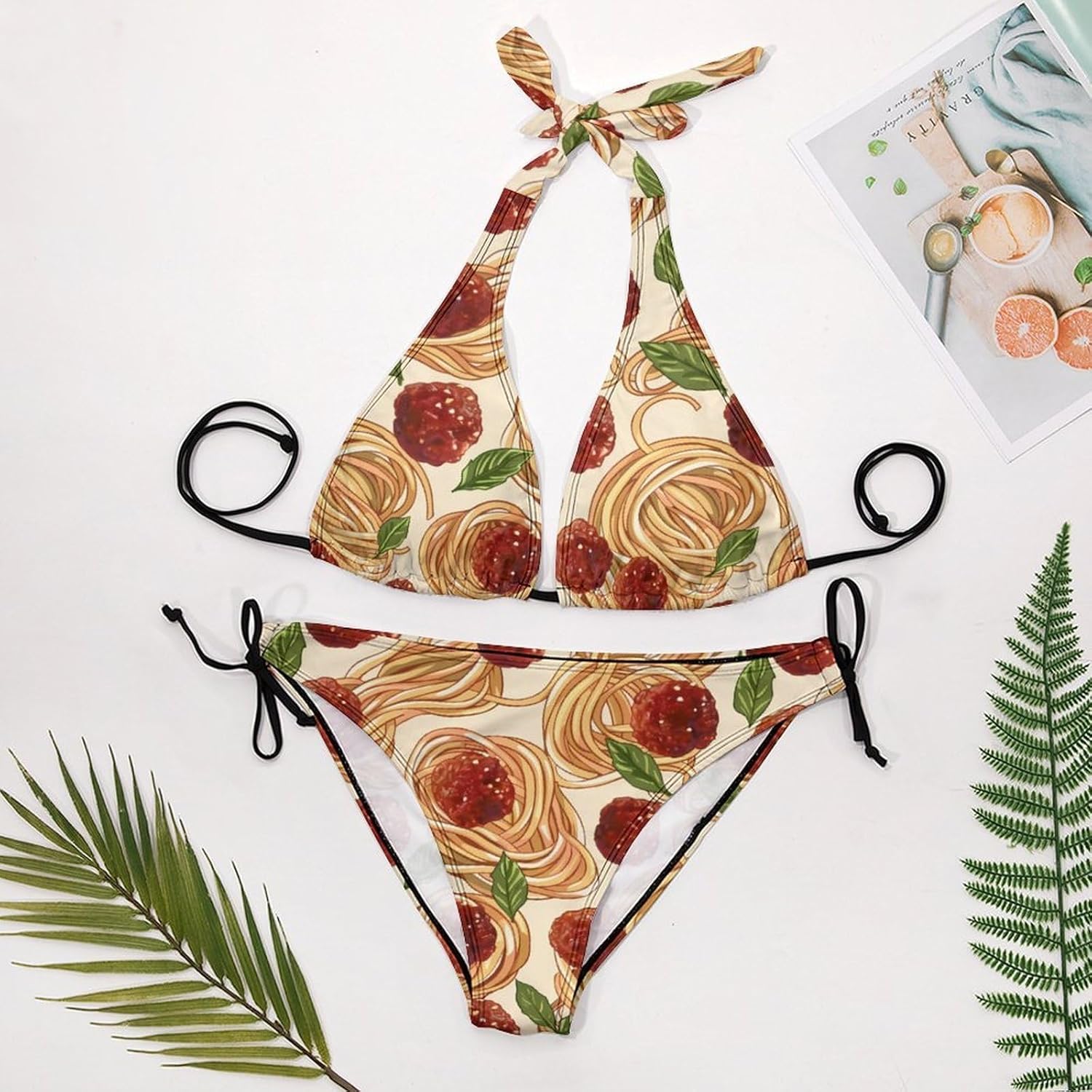 Italian Food Meatball Spaghetti Novelty Women's 2 Piece String Bikini Set Swimsuits Bathing Suit Swimwear