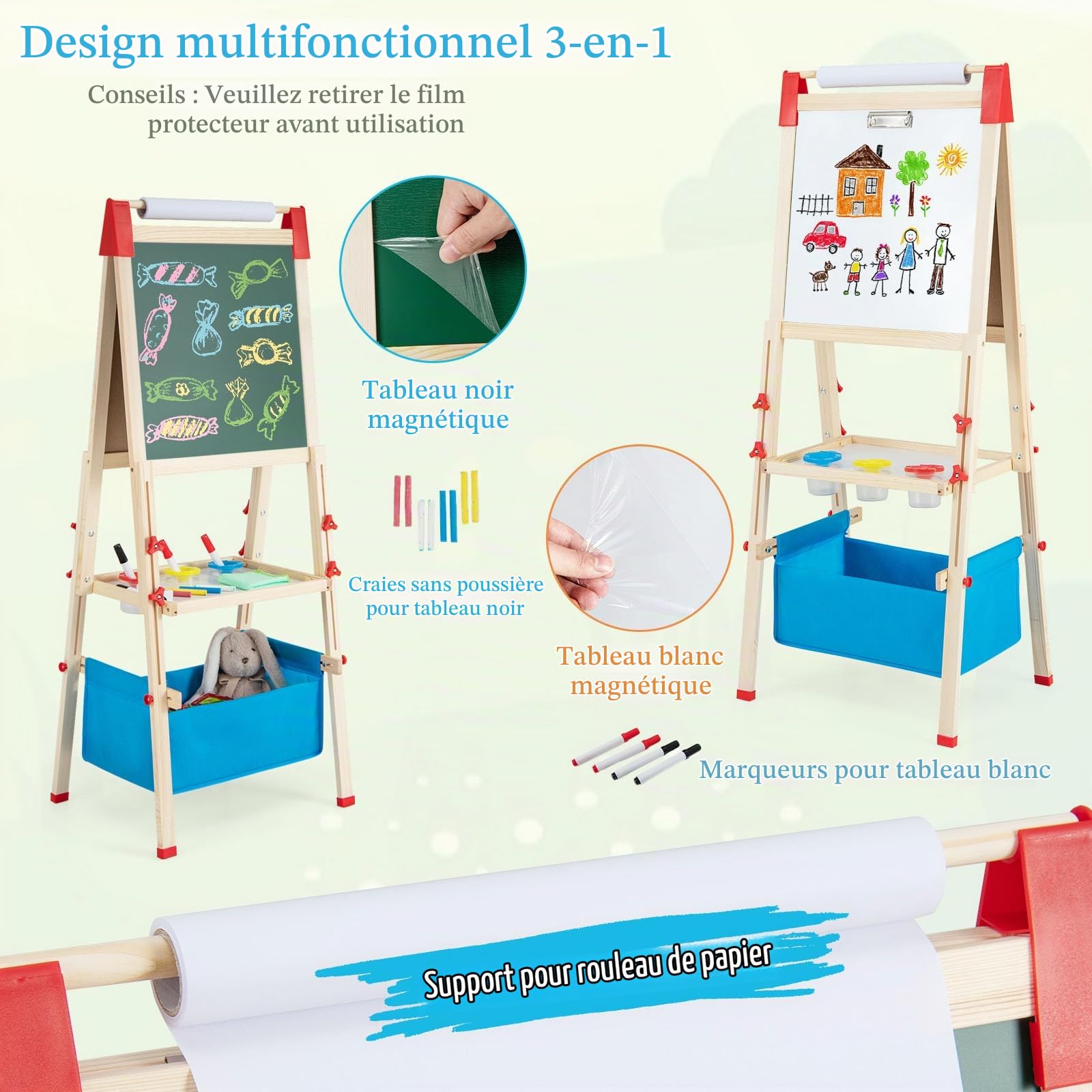 HOMASIS Chevalet Enfant Double Face, Réglable en Hauteur