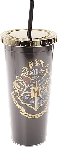 Spoontiques - Vaso Harry Potter - Vaso de papel de aluminio Hogwarts Crest con popote - 20 onzas - Acrílico - Negro