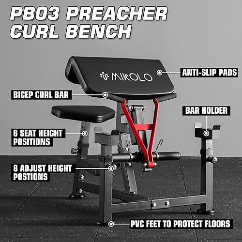 Miniatura 3 de Mikolo Banco de rizos de predicador, máquina de flexión de bíceps con placa cargada, equipo de entrenamiento de bíceps y tríceps, máquina de