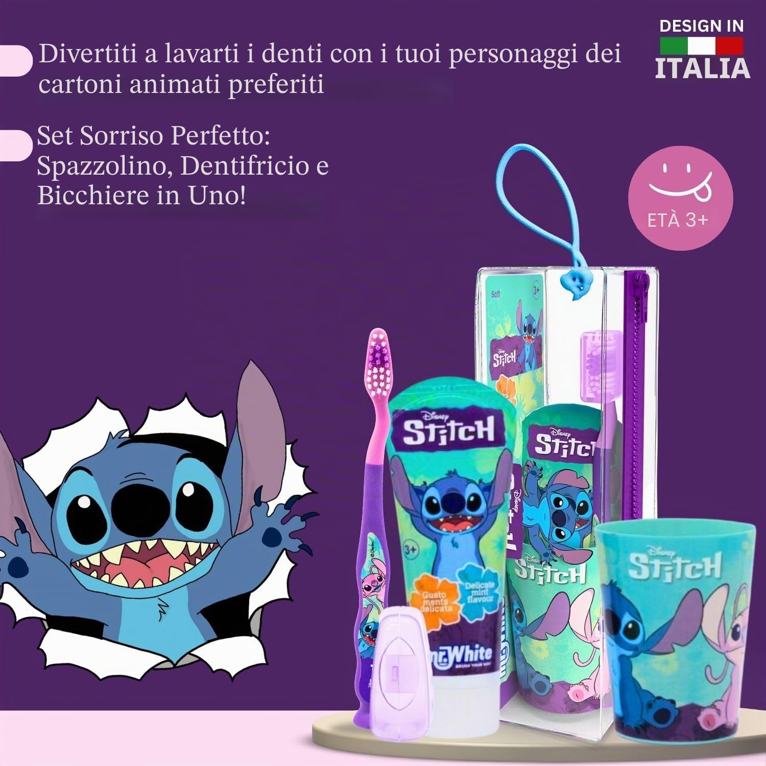 Disney Stitch - Set di spazzolini da denti per bambini, con setole morbide, ventosa e tappo protettivo, dentifricio alla menta e bicchiere multiuso, kit per l'igiene orale da viaggio per bambini dai 3