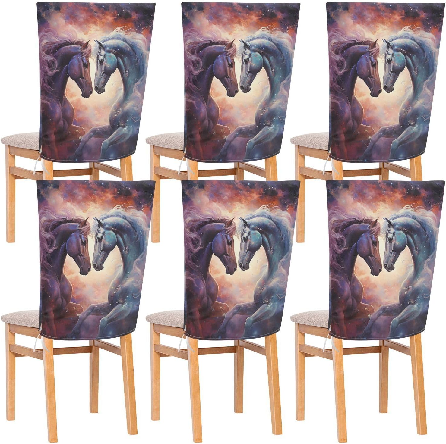 ALAZA Romantic Horses on The Space Chair Back Cover Set of 6, Washable Reusable Removable Chair Slipcovers Decorative Chair Cover for Home Kitchen Wedding Party