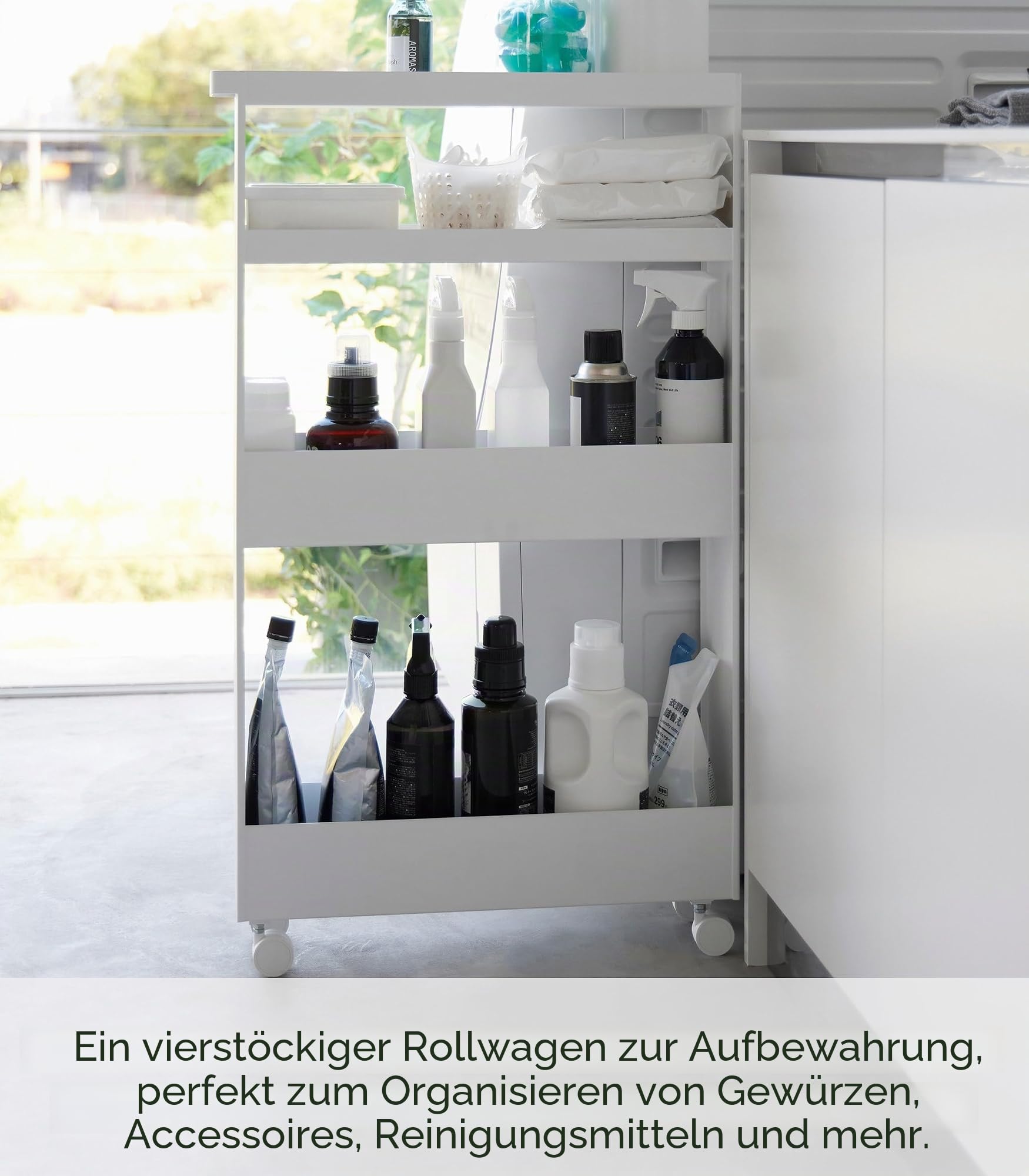 YAMAZAKI 1806 Tower Schlanker 4-stöckiger Aufbewahrungswagen, weiß, Stahl/Nylon, minimalistisch, 48 x 13 x 80,5 cm (L x B x H)