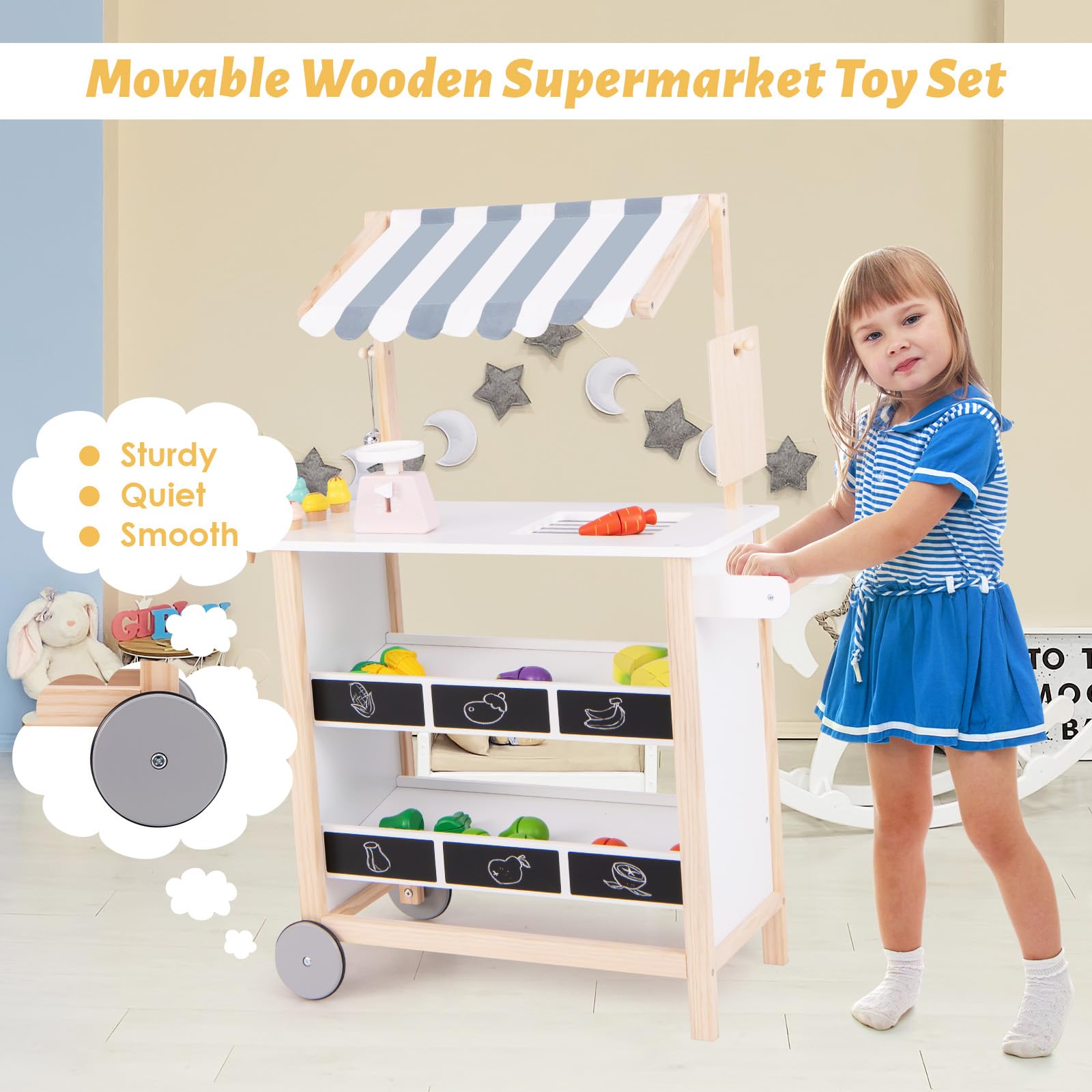 HOMASIS Chariot à Glace pour Enfants avec Accessoires, Magasin de 6 Jouets, Crème Glacée, Roues Mobiles et Auvent, Chariot de Courses en Bois, Maison de Poupée, Kit de Jeu pour 3 Ans et+ (Blanc)