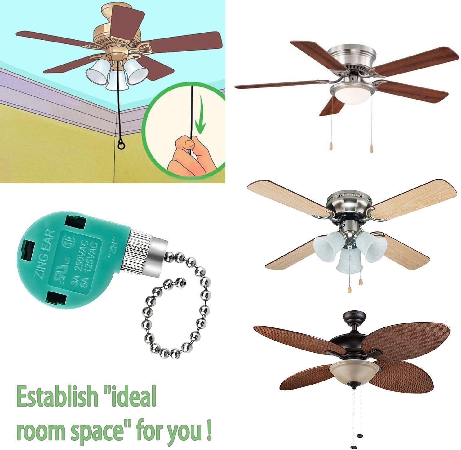 Zing Ear Ceiling Fan Switch 3 Speed 4 Wire Zipper Switch Control Replace 3 Speed Control Switch (Ceiling Fan, Wall Lamp & Cabinet Light) Part Number ZE-268S6 (Nickle/Silver 1 pack)