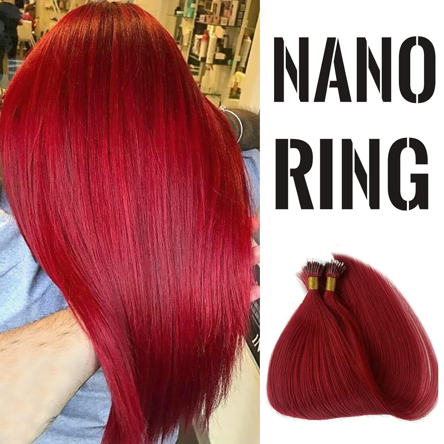 22 Inch Burgundy Nano Ring Hair Extensions Real Human Hair 99J Burgundy Bead Hair Tip Human Hair Extensions Straight Pre Bonded Nano Tip Extension Cold Fushion for Women 50g/50s Color Wine Red
