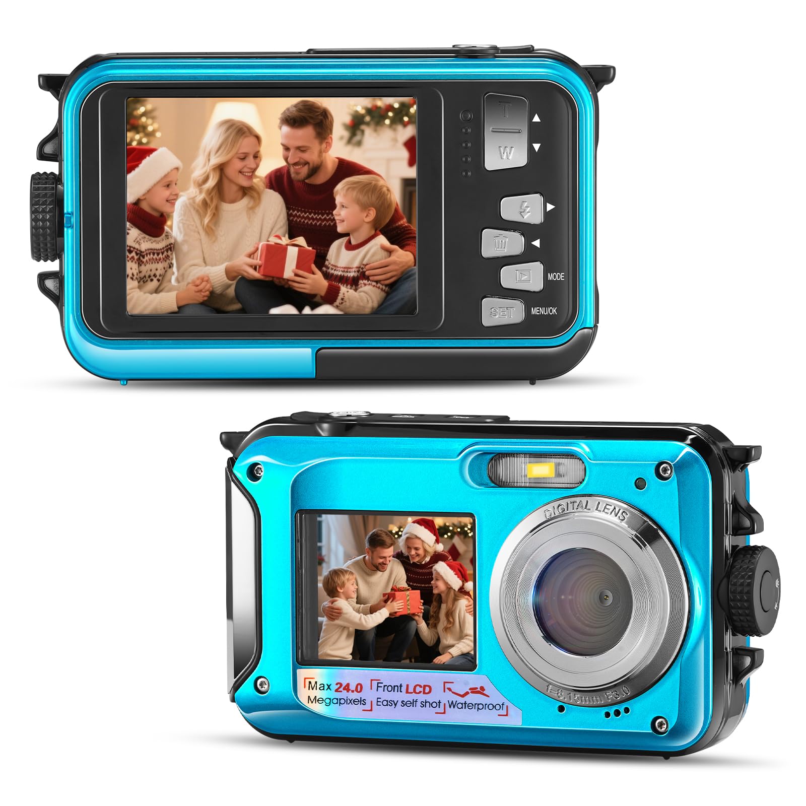 Fotocamera subacquea, Full HD 2.7K 24MP fotocamera digitale impermeabile, fotocamera compatta impermeabile 10FT, zoom digitale 16X, autofocus, fotocamera anti-shake per bambini, adolescenti