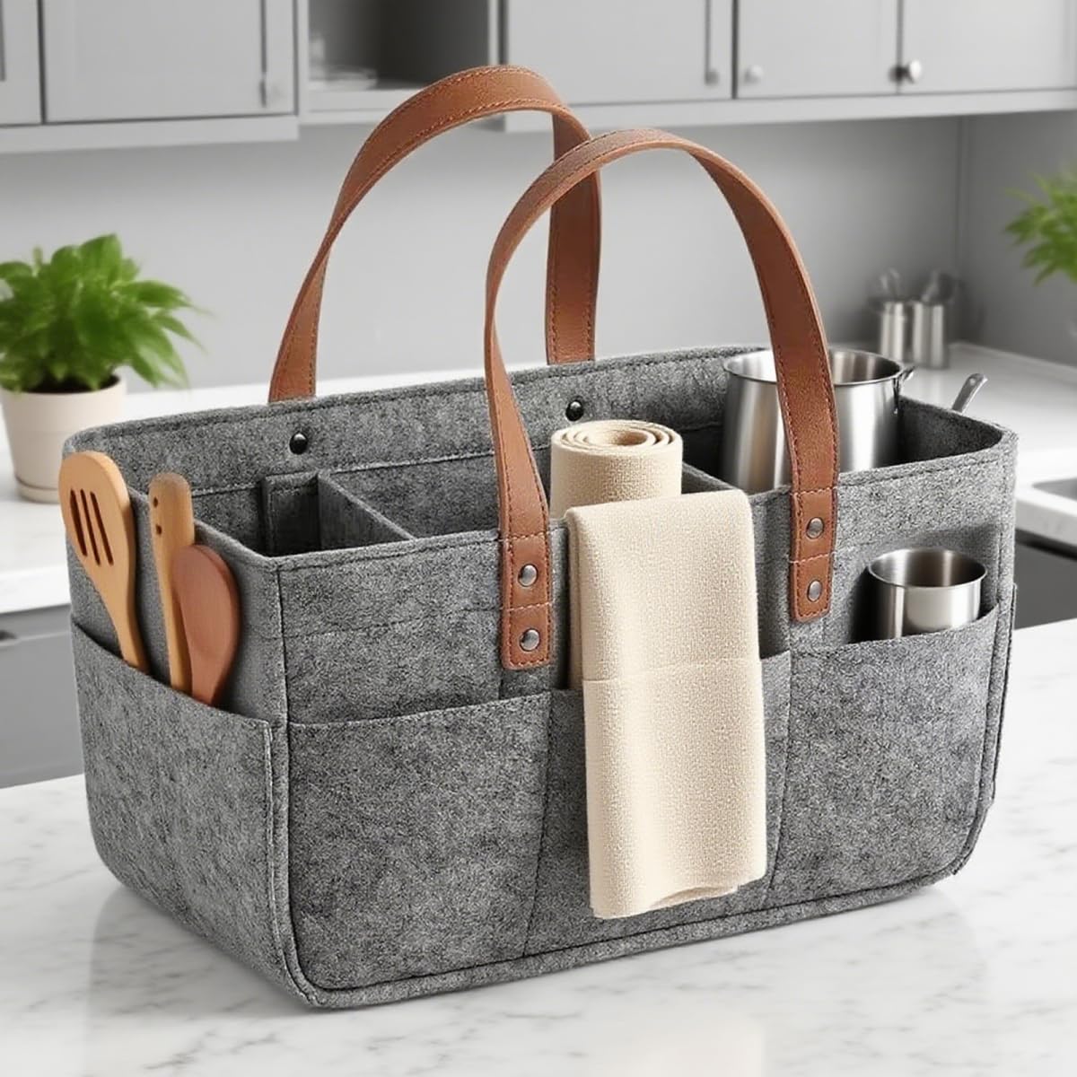 Filztasche Einkaufskorb, Filztaschen Einkaufstasche mit Fächern, Filztasche Storage Faltbar, Robust Kaminholztasche für Outdoor Trips, Picknick, Einkaufen, Grau, 38x23x18cm