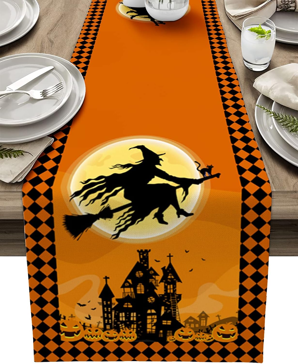 Halloween Flying Witch Cotten Linen Table Runner 13x120inch,Haunted House Non-Slip Burlap Table Cloth Runners for Family Dinner, Wedding, Banquet, Party, Creepy Movie Night Decorations, Full Moon