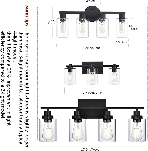 Miniatura 5 de Lámpara de tocador de baño de 4 luces, lámparas de baño negro mate con pantalla de vidrio transparente, 4 luces de tocador, accesorios de
