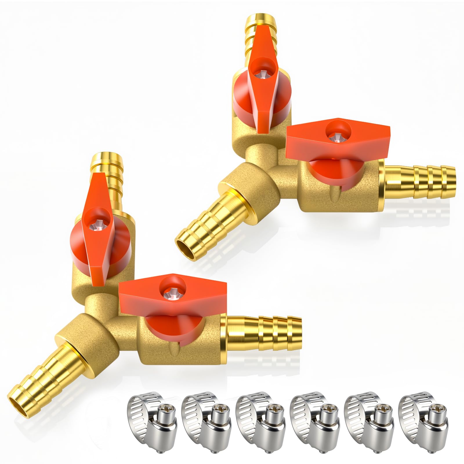 Bwintech 2 válvulas de bola de latón de 3 vías de 8 mm, forma de Y, 2 interruptores de válvula de cierre con 6 abrazaderas de manguera
