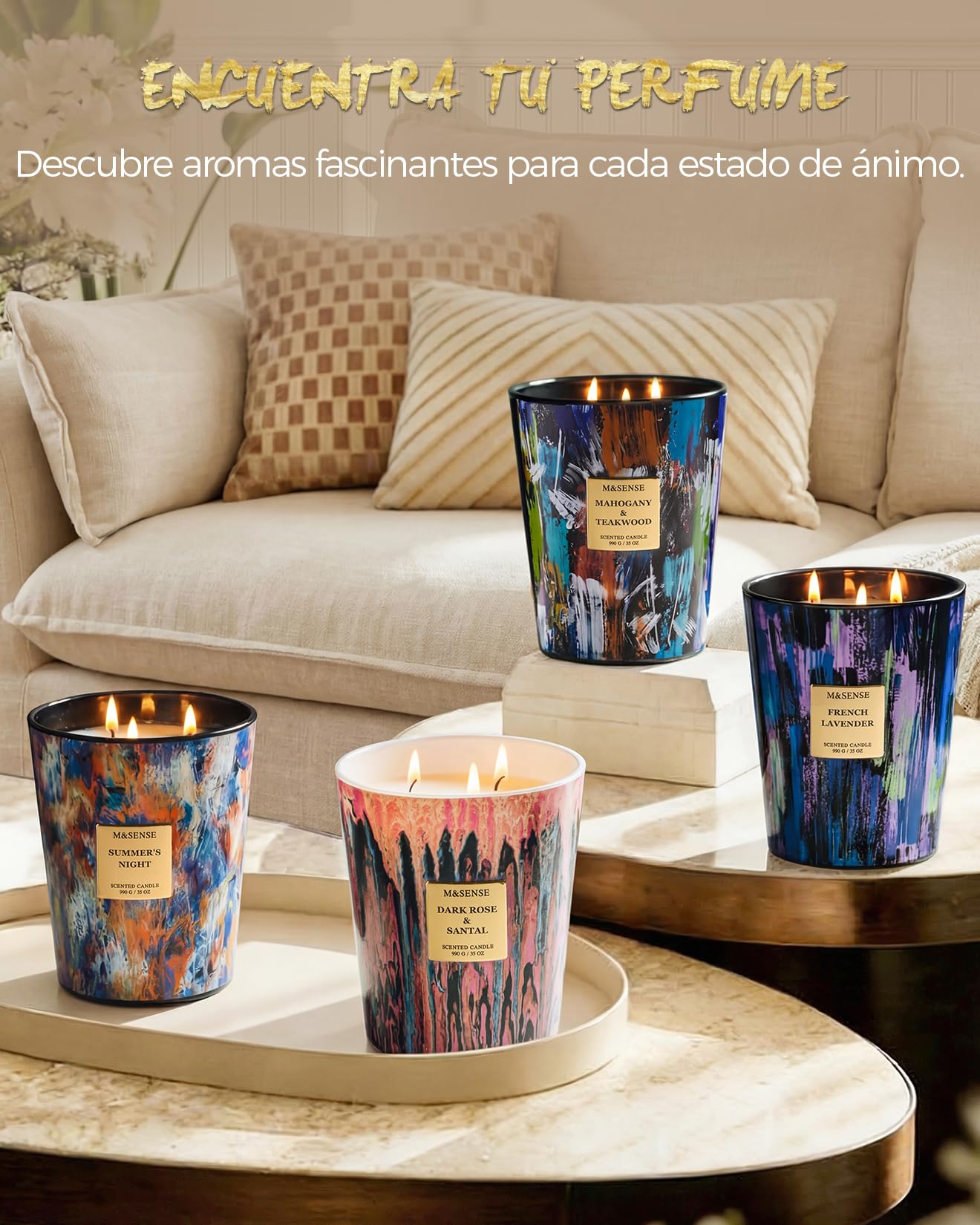 M&SENSE Velas Aromáticas Noche de Verano, 150h Larga Duración, 3 Mechas Velas Bonitas, Cera de Soja 990g Vela Grande, Decoración Hogar, Regalo Original Mujer y Yoga