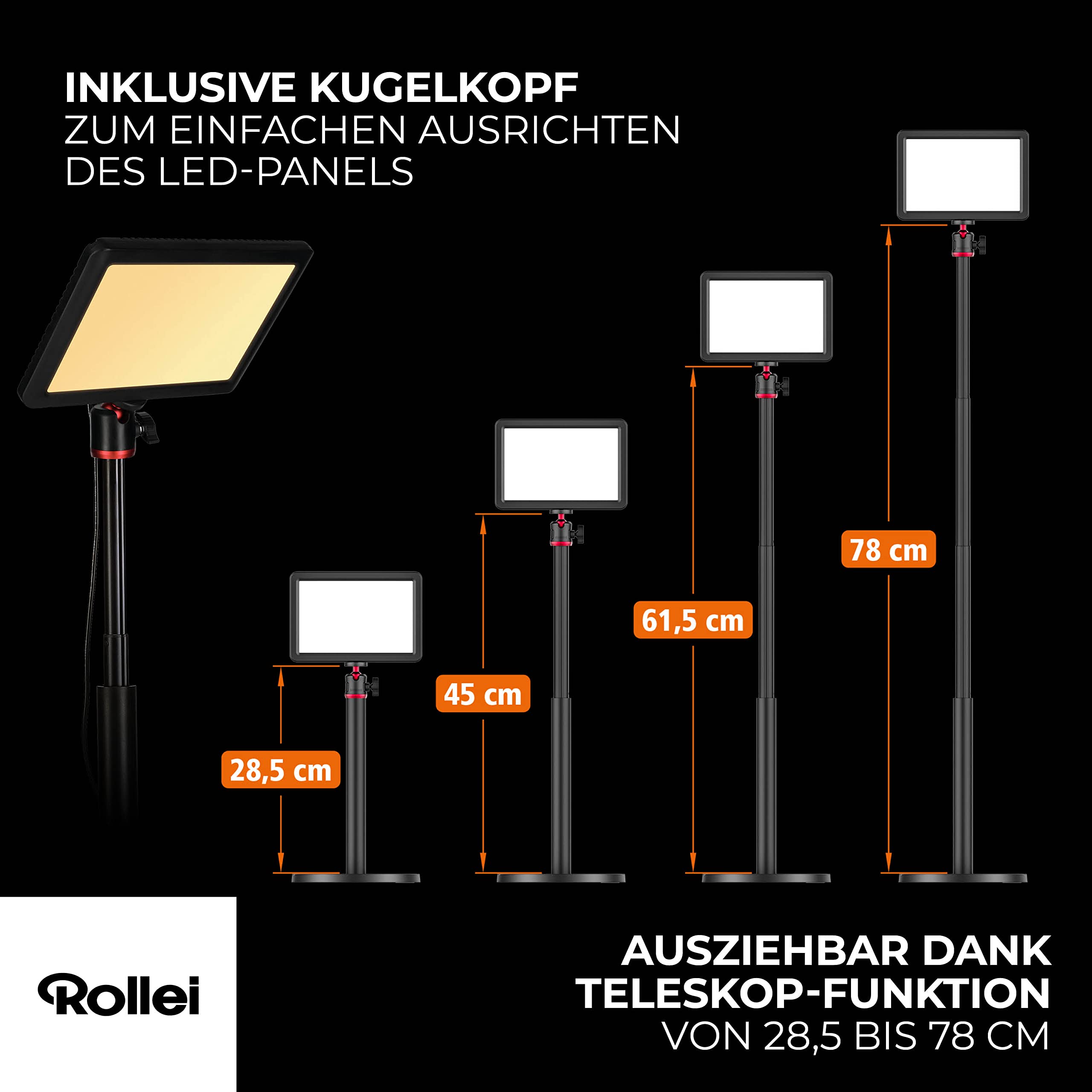 Rollei Lumis Key-Light, lampa wideo LED ze statywem stołowym z pilotem zdalnego sterowania na kablu do oświetlania streamów wideo i konferencji 28555 czarna