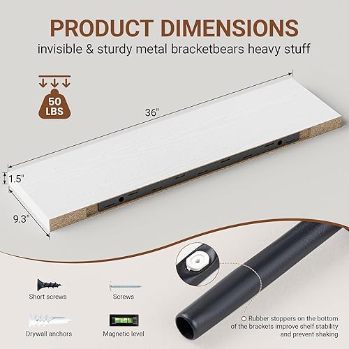 Miniatura 3 de Heimlove Estantes flotantes para pared de 36 pulgadas de largo, 9.3 pulgadas de profundidad, juego de 2 estantes flotantes de color blanco profundo,