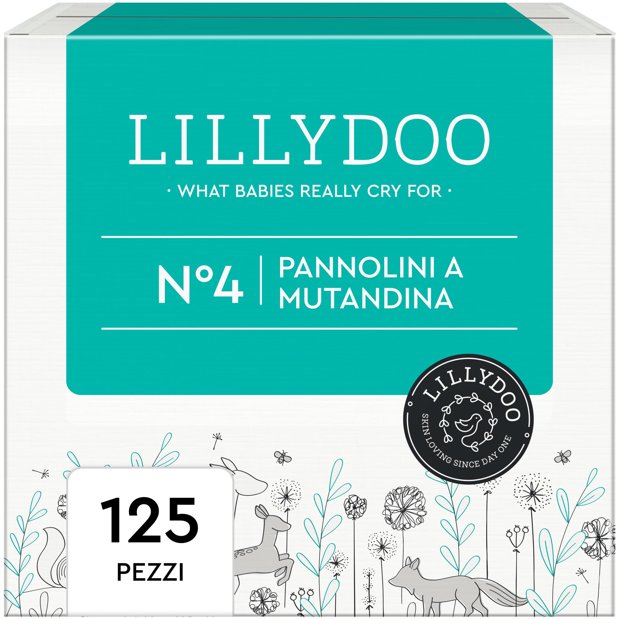 Pannolini a mutandina LILLYDOO, taglia 4 (9-15 kg), Pacco Mensile (125 pezzi) Confezione da 5 x 25