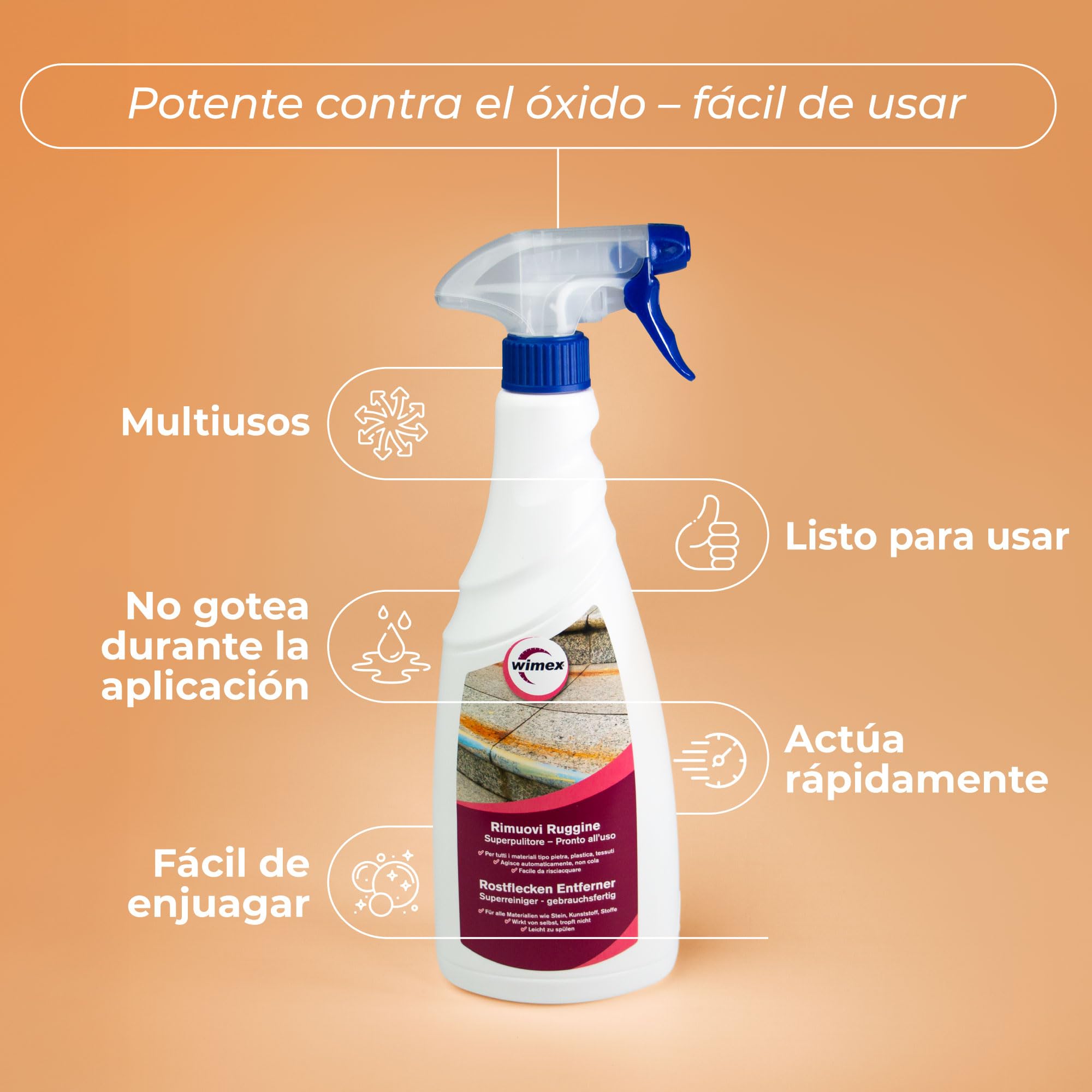 Wimex® Retirer la rouille Spray pour taches de rouille sur toutes les surfaces et tissus. 750 ml